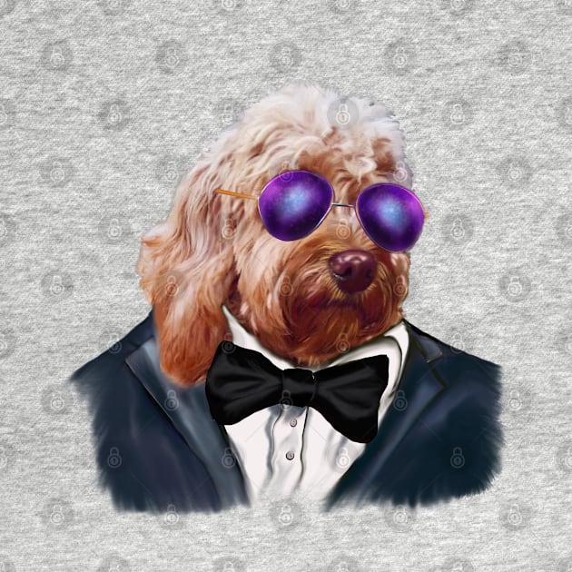 Cavapoo Daddy Cool ! Cute Cavapoo Cavoodle puppy dog Face with sunglasses and tuxedo with bow tie  - cavalier king charles spaniel poodle, puppy love by Artonmytee